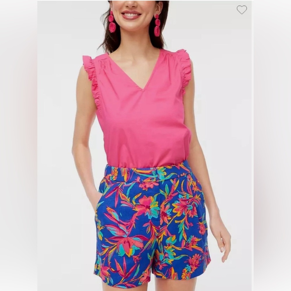 J Crew sleeveless ruffle top, fuchsia cotton v neck. Size large